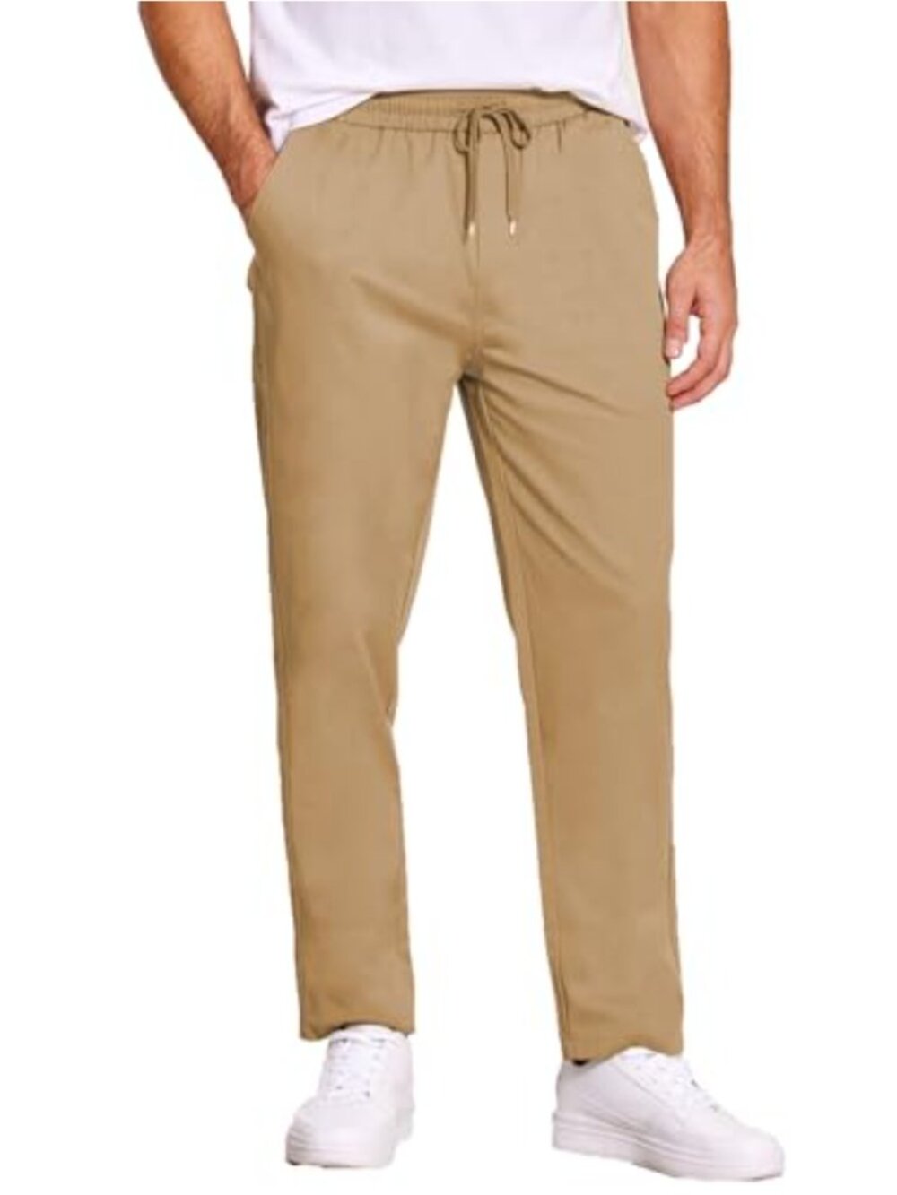 Men's 100% Cotton Twill Chino Pants Regular Fit Drawstring Elastic Waist